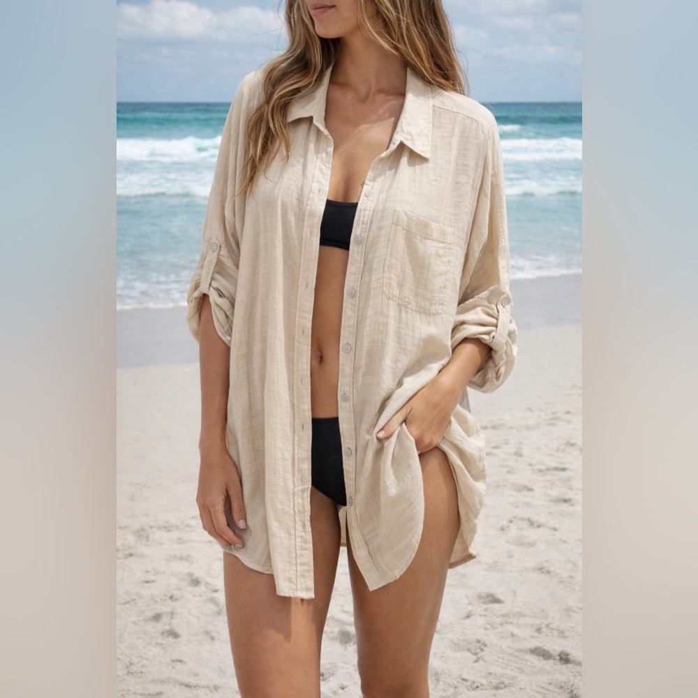 American Eagle Outfitters Beige Lightweight Beach Cover-Up Shirt
